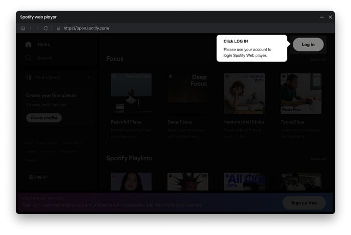 log in spotify music web player