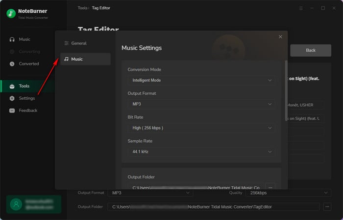 choose output setting for tidal songs