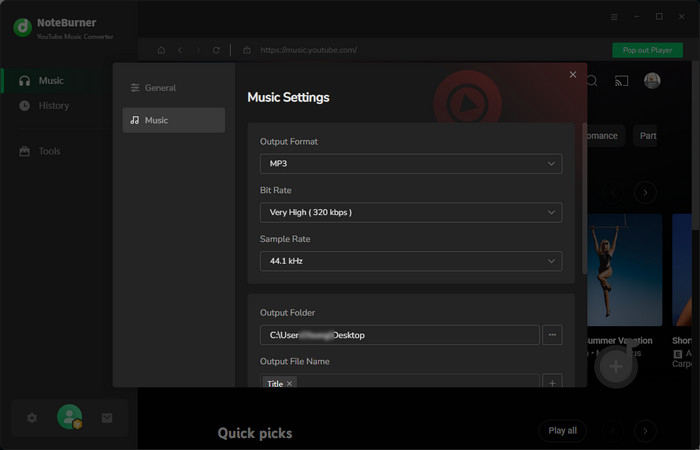 noteburner youtube music converter setting